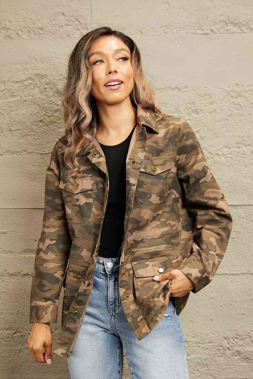 Rosy Brown Double Take Camouflage Snap Down Jacket