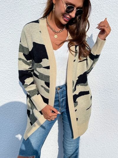 Light Gray Camouflaged Dropped Shoulder Open Front Cardigan