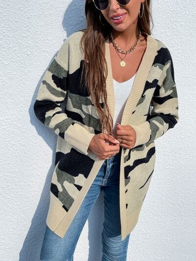 Light Gray Camouflaged Dropped Shoulder Open Front Cardigan