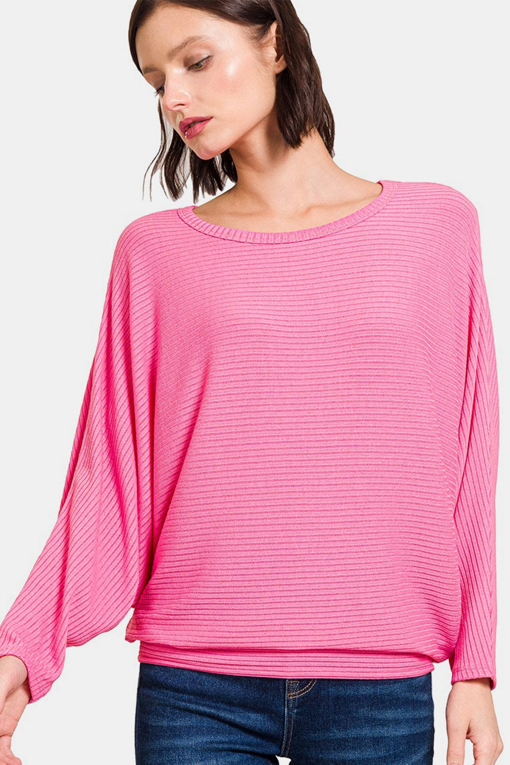 Light Pink Zenana Ribbed Round Neck Long Sleeve Top