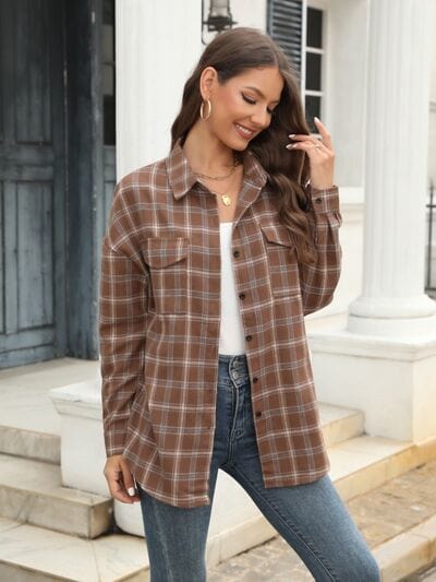 Gray Plaid Button Up Pocketed Shirt