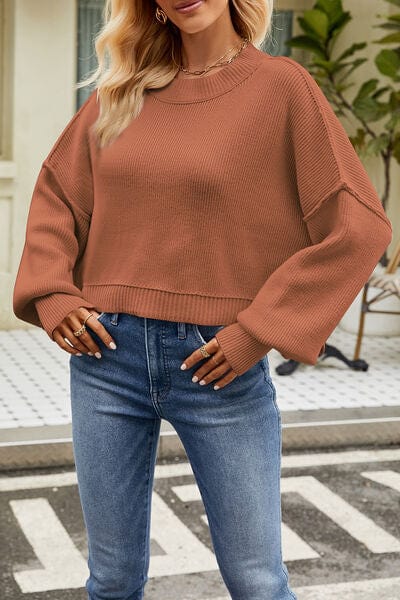 Dim Gray Round Neck Dropped Shoulder Sweater