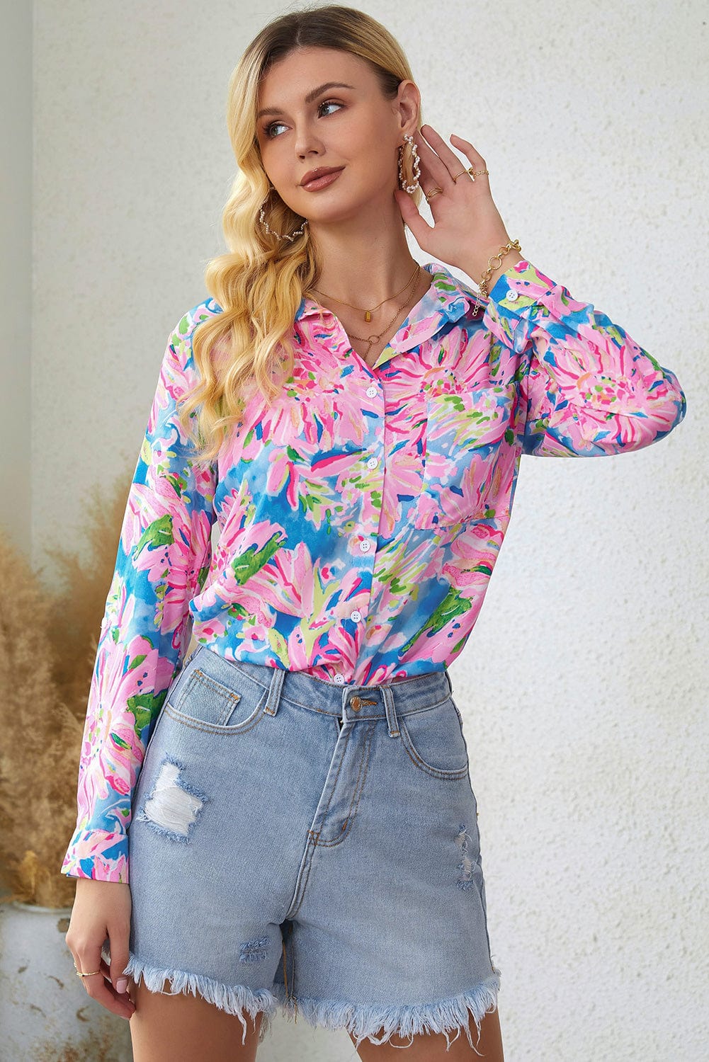 Gray Double Take Floral Long Sleeve Collared Shirt