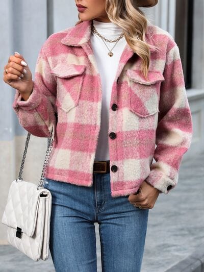 Gray Plaid Button Up Dropped Shoulder Jacket