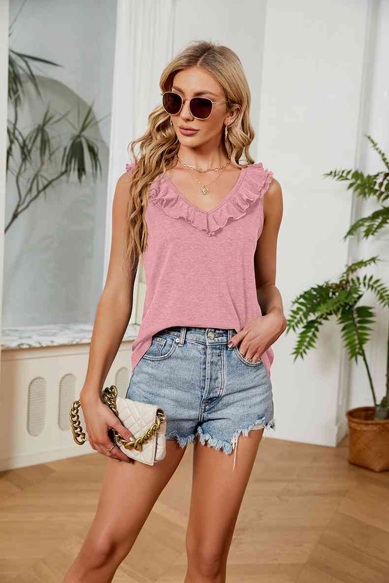 Rosy Brown Ruffle V-Neck Tank Top