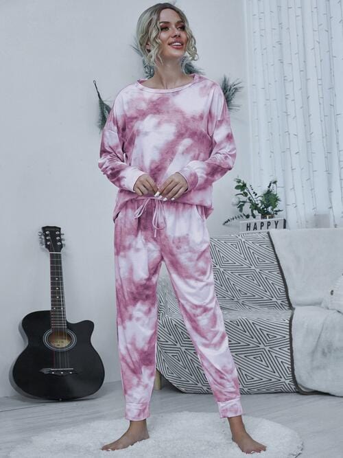 Gray Tie-dye Round Neck Top and Drawstring Pants Lounge Set