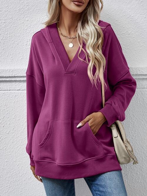 Maroon V-Neck Drop Shoulder Long Sleeve Hoodie