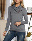 Dim Gray Buttoned Mock Neck Long Sleeve Blouse