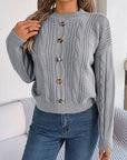 Gray Cable-Knit Buttoned Round Neck Sweater