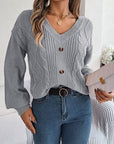 Dark Gray Cable-Knit Buttoned V-Neck Sweater