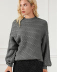 Dark Slate Gray Cable-Knit Mock Neck Dropped Shoulder Sweater