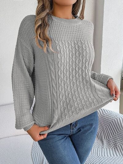 Dark Gray Cable-Knit Round Neck Long Sleeve Sweater