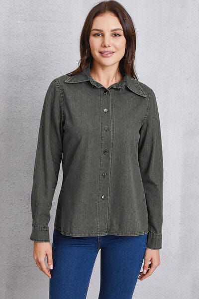 Gray Collared Neck Button Up Denim Top