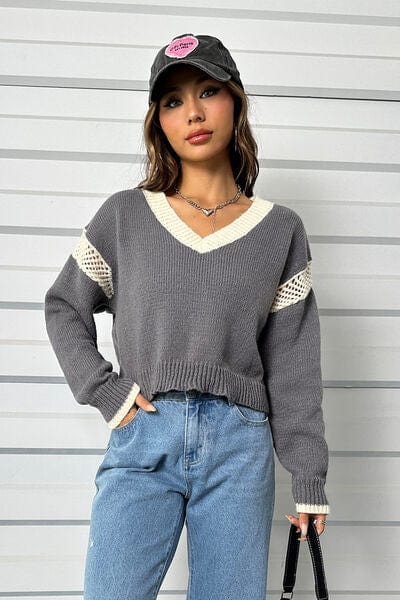 Light Gray Contrast Openwork Long Sleeve V-Neck Sweater