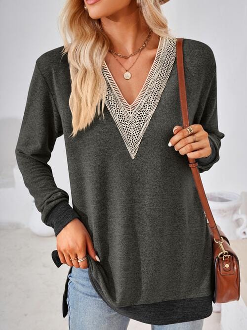 Gray Crochet Contrast V-Neck Long Sleeve Slit T-Shirt