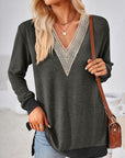 Gray Crochet Contrast V-Neck Long Sleeve Slit T-Shirt