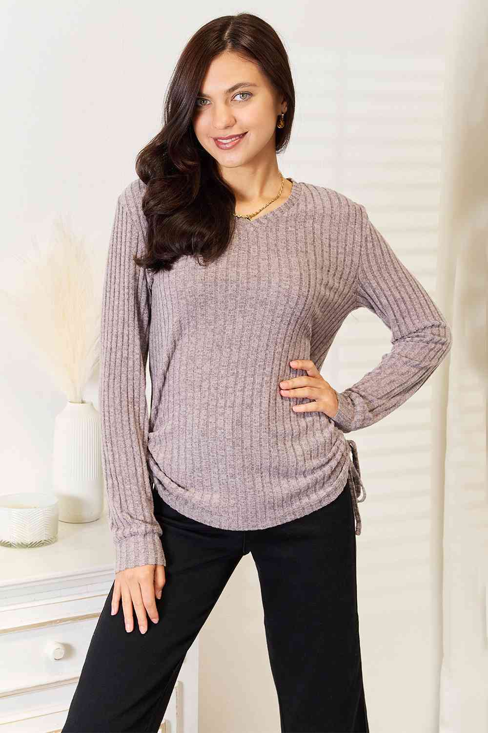 Light Gray Double Take Drawstring Ribbed Long Sleeve T-Shirt