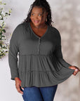 Gray Double Take Half Button Long Sleeve Ruffle Hem Blouse