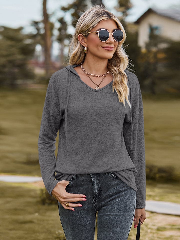 Dim Gray Dropped Shoulder Hooded Blouse