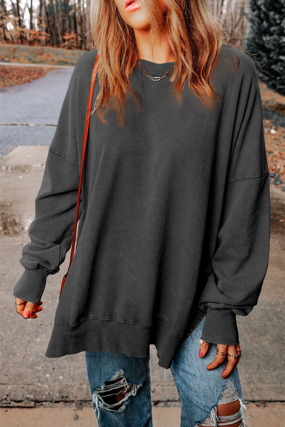 Dark Slate Gray Dropped Shoulder Round Neck Long Sleeve Blouse