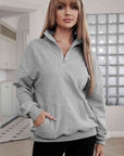 Dark Gray Half Zip Drop Shoulder Sweatshirt and Pocket