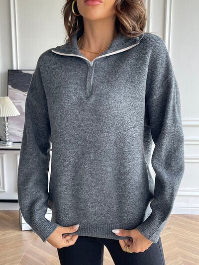 Dark Slate Gray Half Zip Dropped Shoulder Sweater