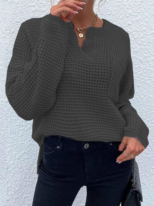 Light Gray Notched Long Sleeve Sweater