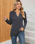 Rosy Brown Notched Neck Long Sleeve T-Shirt