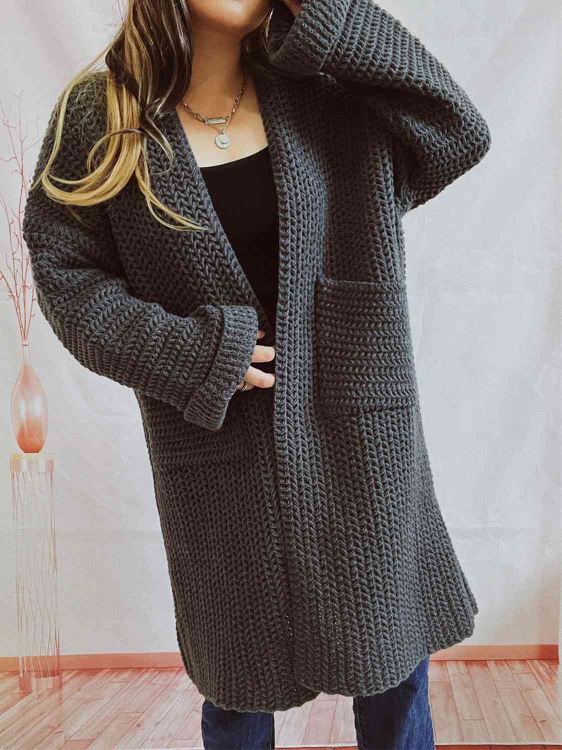 Dark Slate Gray Open Front Long Sleeve Cardigan with Pockets