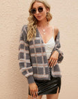 Tan Open Front Plaid Long Sleeve Cardigan