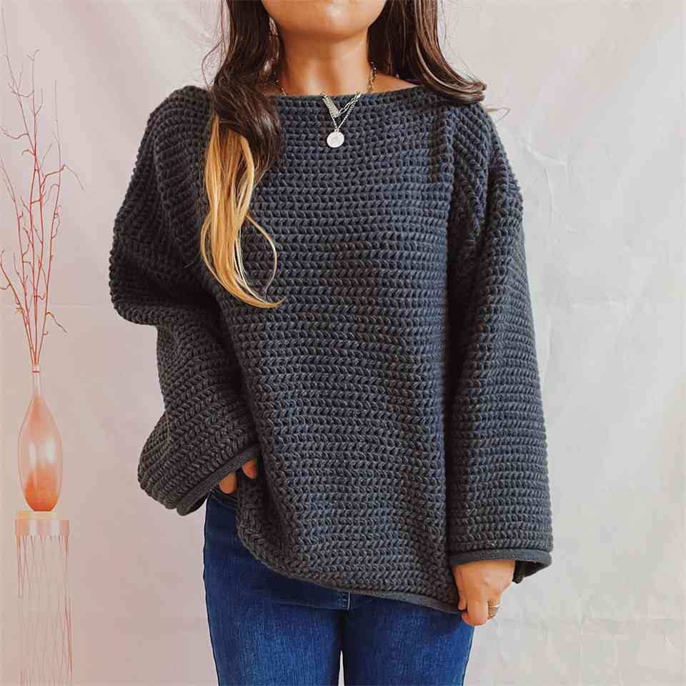 Dark Slate Gray Openwork Boat Neck Long Sleeve Sweater