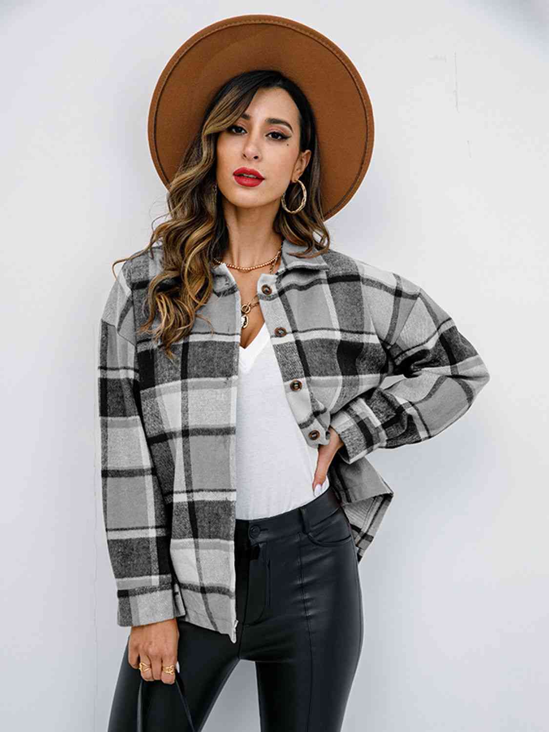 Light Gray Plaid Button Up Collared Neck Jacket