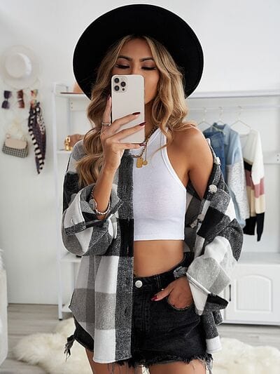 Gray Plaid Button Up Dropped Shoulder Jacket