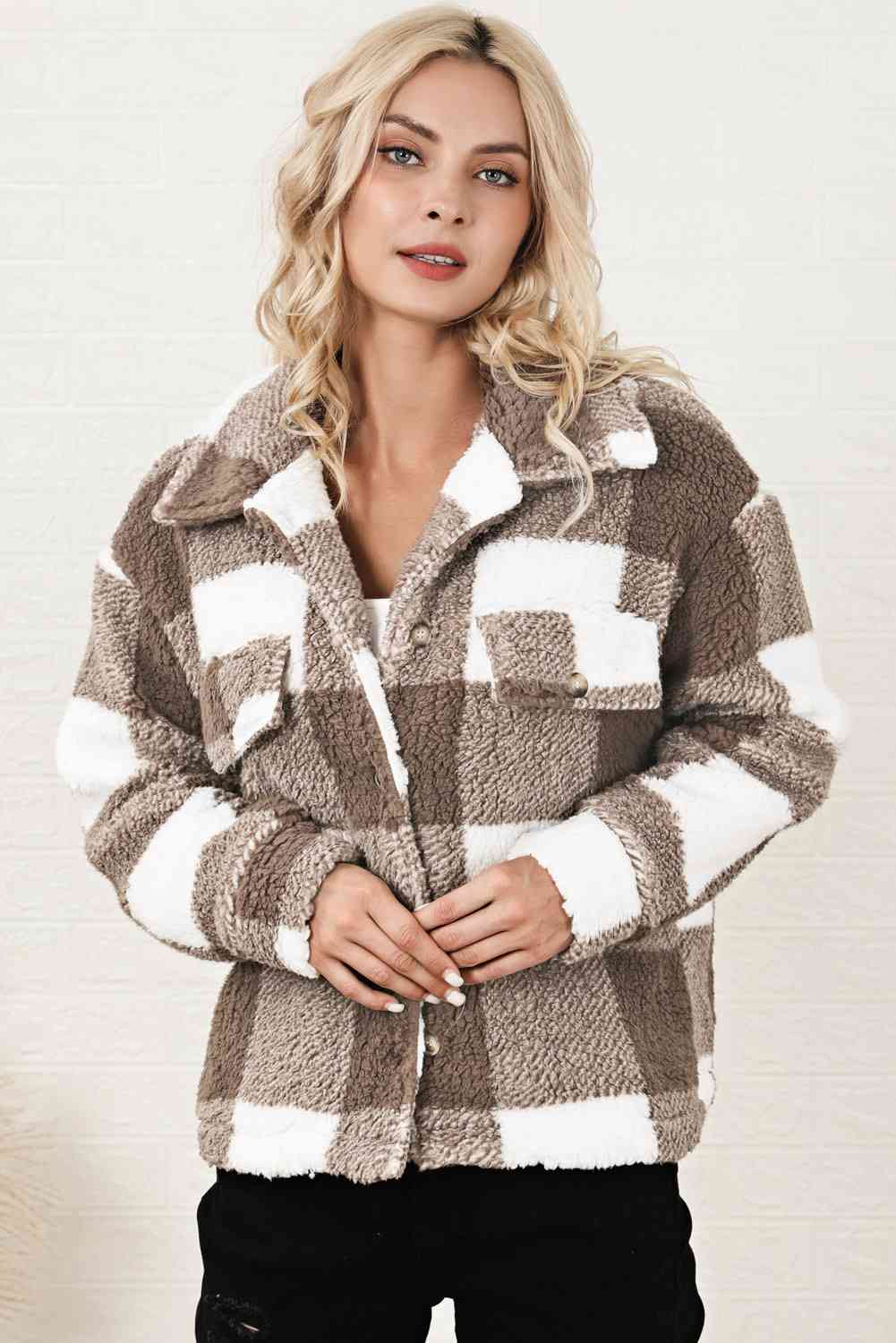 Light Gray Plaid Collared Neck Drop Shoulder Jacket