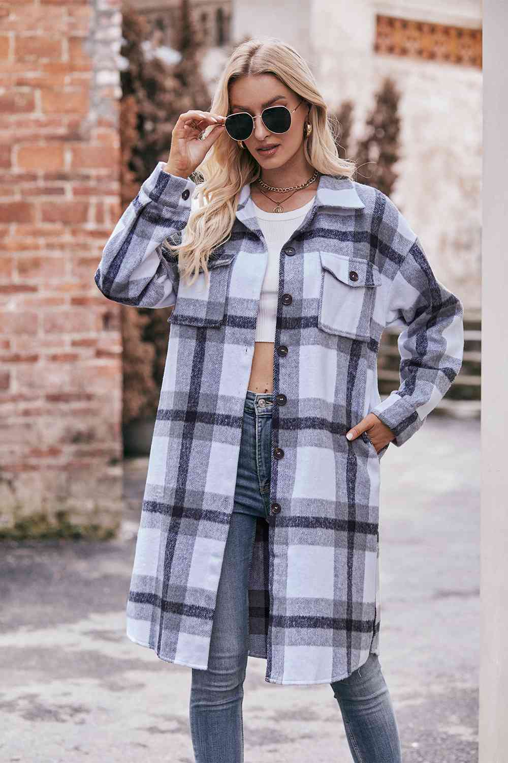 Gray Plaid Dropped Shoulder Longline Jacket