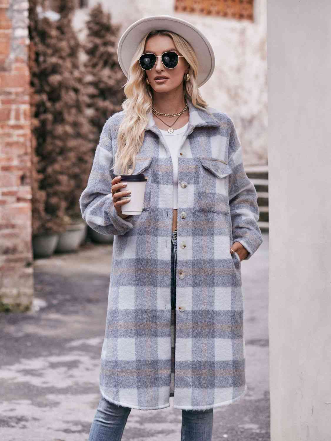 Dark Gray Plaid Dropped Shoulder Slit Coat