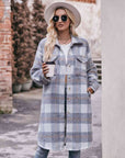 Dark Gray Plaid Dropped Shoulder Slit Coat