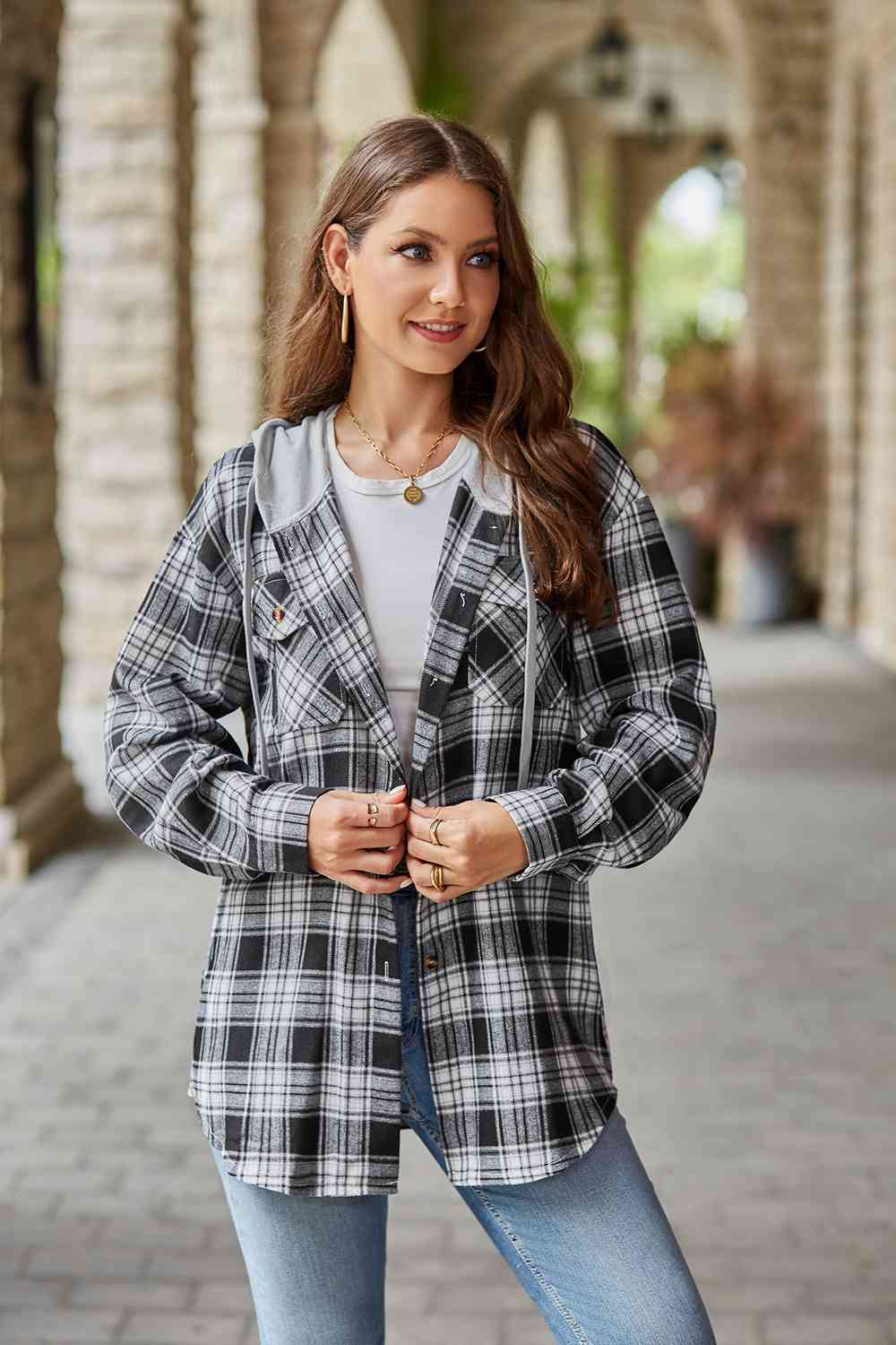 Rosy Brown Plaid Long Sleeve Hooded Jacket