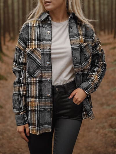 Dark Olive Green Plaid Snap Down Long Sleeve Shacket