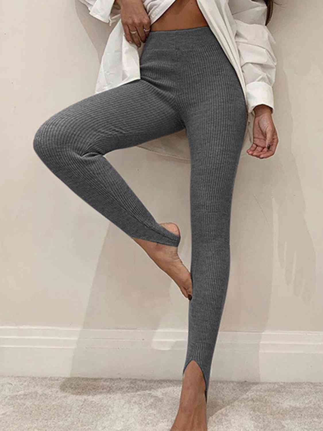 Gray Ribbed Mid Waist Leggings