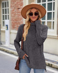 Dark Gray Ribbed Turtleneck Long Sleeve Slit Knit Top