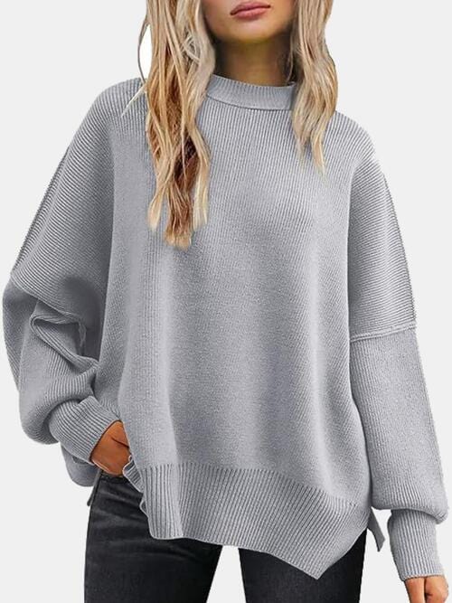 Gray Round Neck Drop Shoulder Slit Sweater