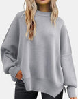 Gray Round Neck Drop Shoulder Slit Sweater