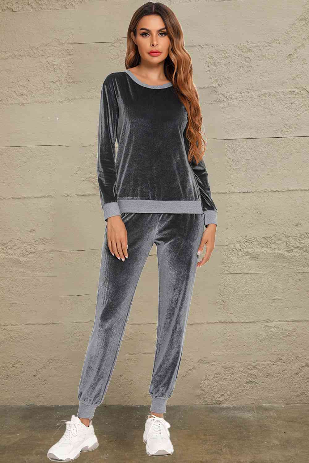 Rosy Brown Round Neck Long Sleeve Loungewear Set with Pockets