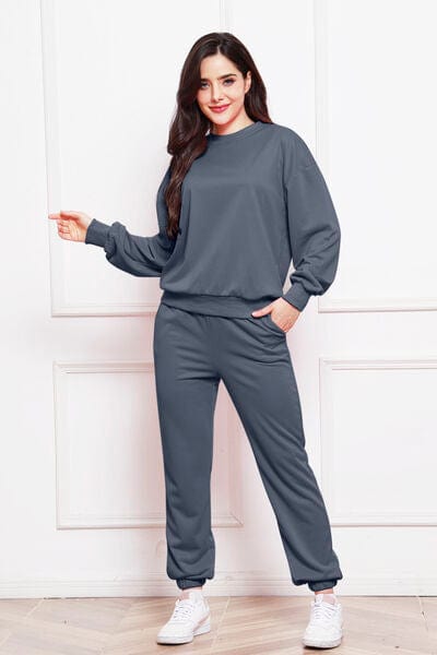 Dark Slate Gray Round Neck Long Sleeve Sweatshirt and Pants Set