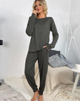 Light Gray Round Neck Top and Drawstring Pants Lounge Set