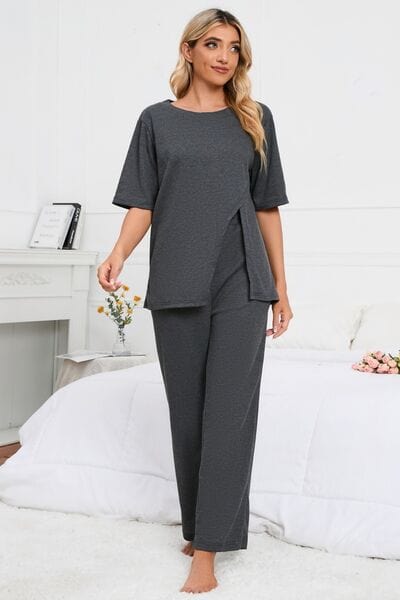 Dark Slate Gray Slit Round Neck Top and Pants Lounge Set