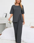 Dark Slate Gray Slit Round Neck Top and Pants Lounge Set