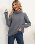 Dark Slate Gray Slit Turtleneck Dropped Shoulder Sweater