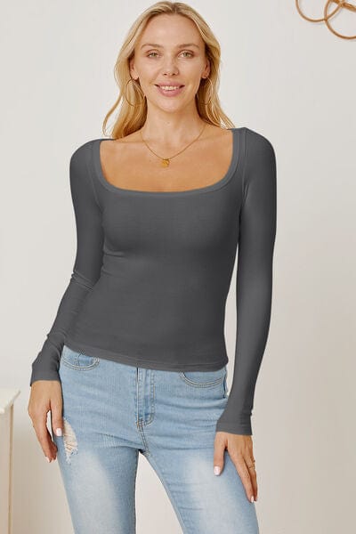 Gray Square Neck Long Sleeve T-Shirt